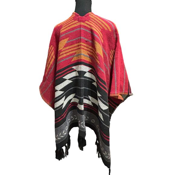 Billabong Women Seaside Voyage Red Southwest Print Fringe Poncho Wrap Loose Boho - Picture 4 of 6